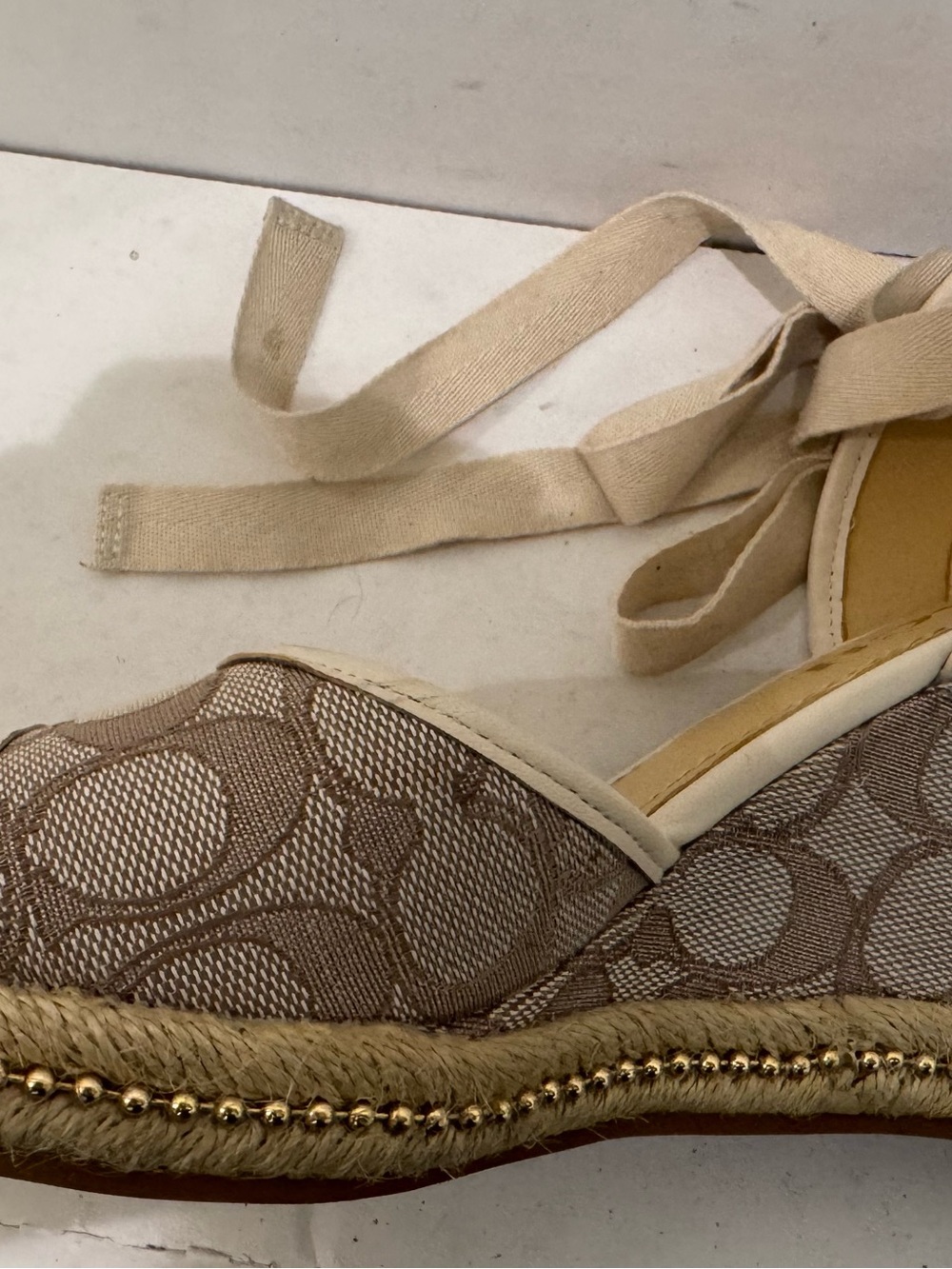 Coach Beige Canvas Logo Espadrille Sandals with Tie Ankle - Picture 12 of 14